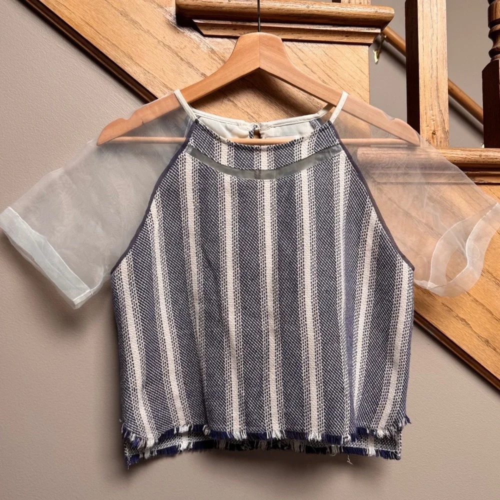 Greylin Anthropologie Boho Linen Cotton Crop Top M Sheer Sleeves Organza Coastal - Picture 2 of 11